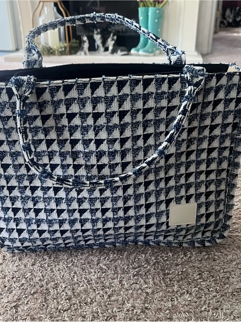Textured Navy and White Houndstooth Tote Bag